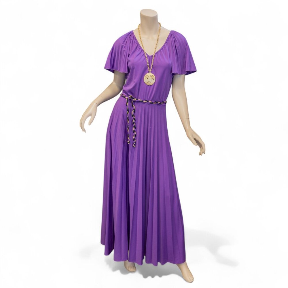 Vintage 1970s Purple Pleated Fit & Flare Maxi Dress
